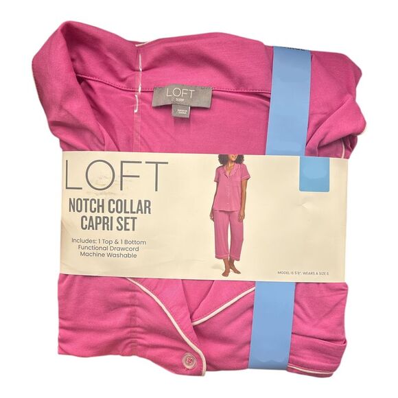 Hot Pink - Loft Women's Notch Collar Short Sleeve and Drawcord Sleep Capri Pant - Picture 1 of 2